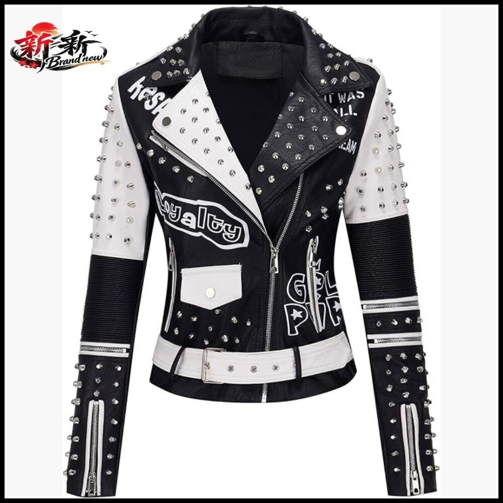 Faux Leather Jacket Studded Rivet Floral Moto Biker Short Lapel Coat